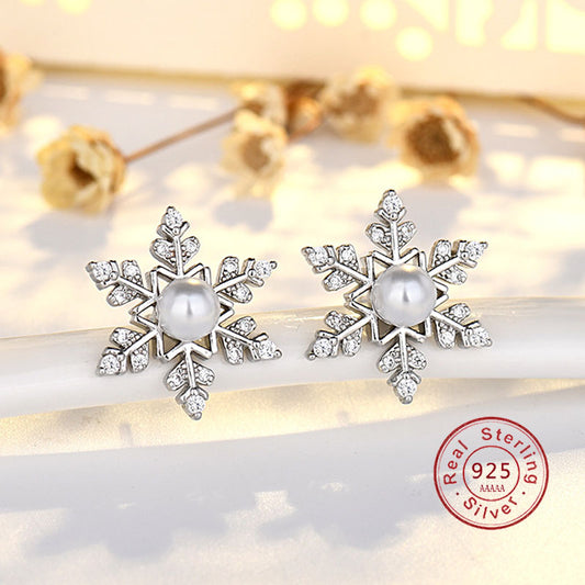 Sterling Silver Snowflake Earrings for Women Exquisite Jewelry Shiny Zircon Pearl Earrings Christmas Gift New Year Party