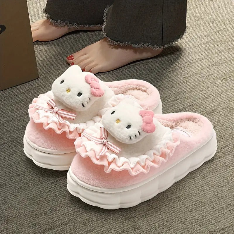 Sanrio Hello Kitty and Melody Slippers, Slip On Non-slip Soft Fuzzy Cute Warm Home Slippers, Plush Indoor Cozy Shoes