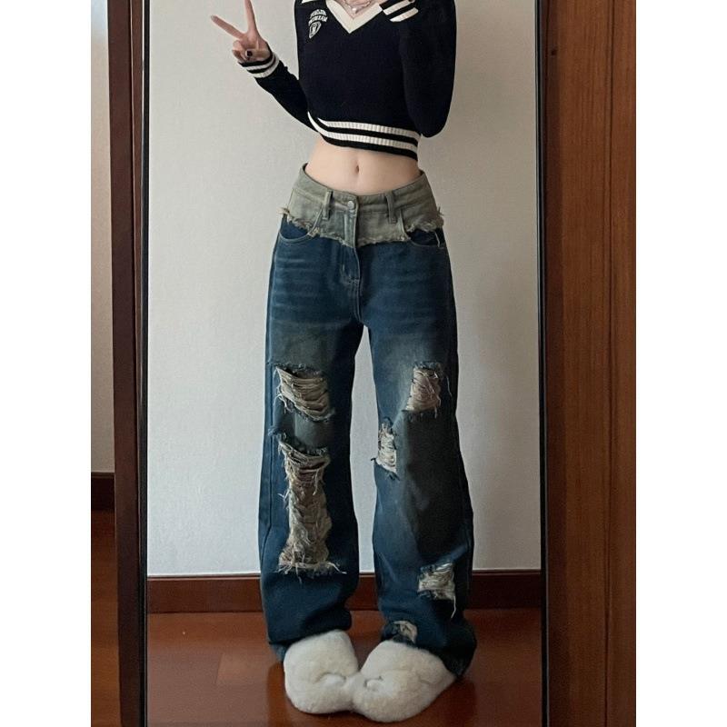 Splice Design Hiphop High Street Vintage Ripped Jeans For Women