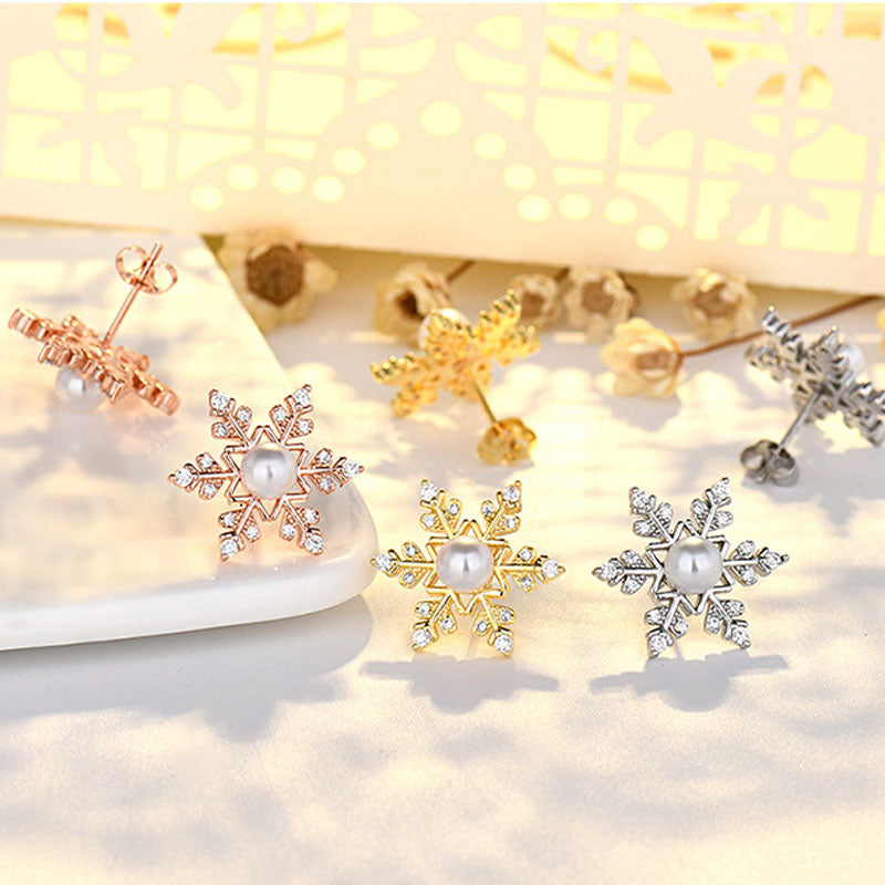 Sterling Silver Snowflake Earrings for Women Exquisite Jewelry Shiny Zircon Pearl Earrings Christmas Gift New Year Party