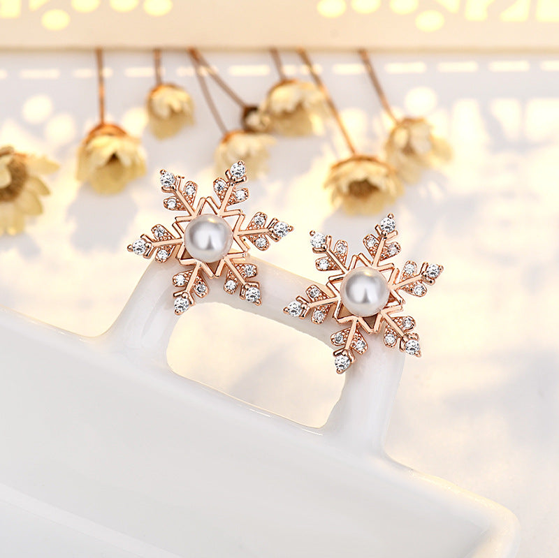 Sterling Silver Snowflake Earrings for Women Exquisite Jewelry Shiny Zircon Pearl Earrings Christmas Gift New Year Party