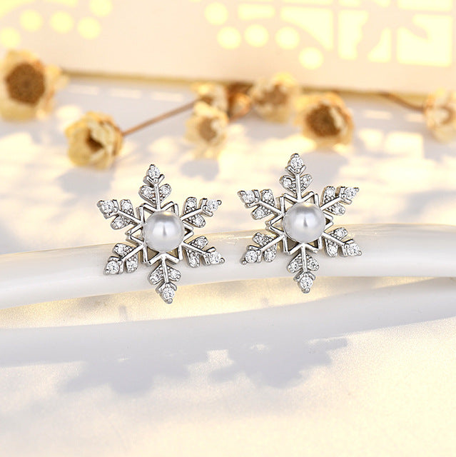 Sterling Silver Snowflake Earrings for Women Exquisite Jewelry Shiny Zircon Pearl Earrings Christmas Gift New Year Party