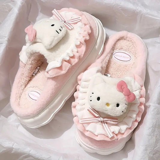 Sanrio Hello Kitty and Melody Slippers, Slip On Non-slip Soft Fuzzy Cute Warm Home Slippers, Plush Indoor Cozy Shoes