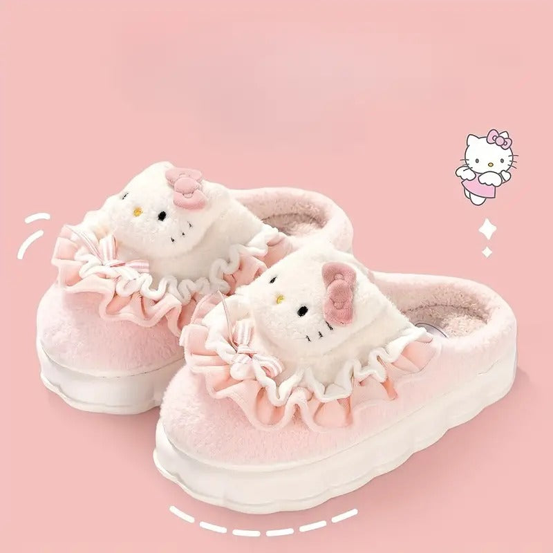 Sanrio Hello Kitty and Melody Slippers, Slip On Non-slip Soft Fuzzy Cute Warm Home Slippers, Plush Indoor Cozy Shoes