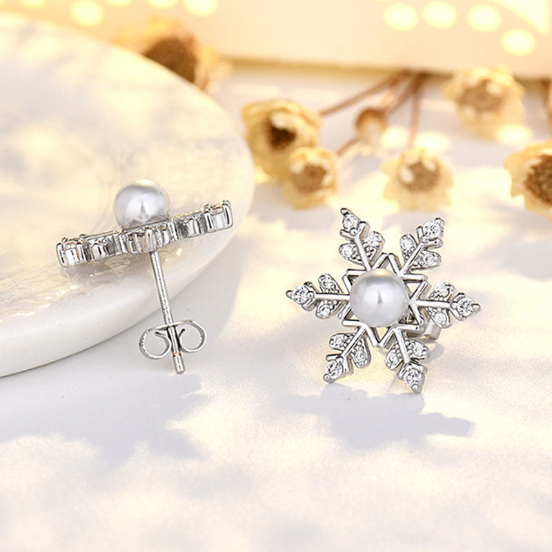 Sterling Silver Snowflake Earrings for Women Exquisite Jewelry Shiny Zircon Pearl Earrings Christmas Gift New Year Party