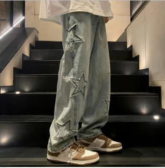 Y2K Vintage Men Korean Blue Streetwear Oversize Star Aesthetic Straight Trousers Wide Leg Jeans Grunge Denim Pants Women Clothes