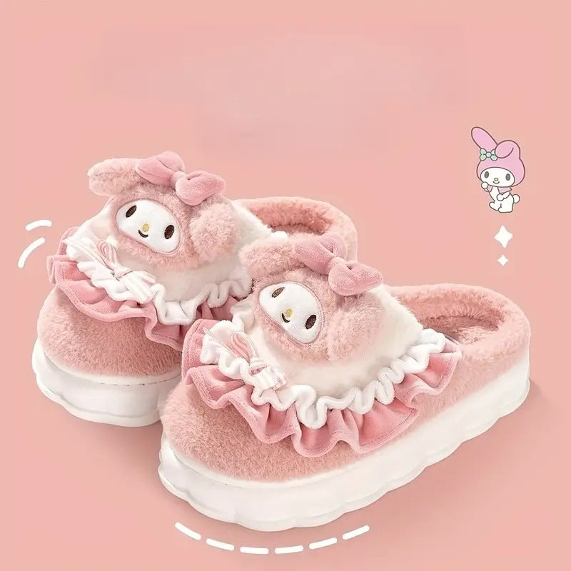 Sanrio Hello Kitty and Melody Slippers, Slip On Non-slip Soft Fuzzy Cute Warm Home Slippers, Plush Indoor Cozy Shoes