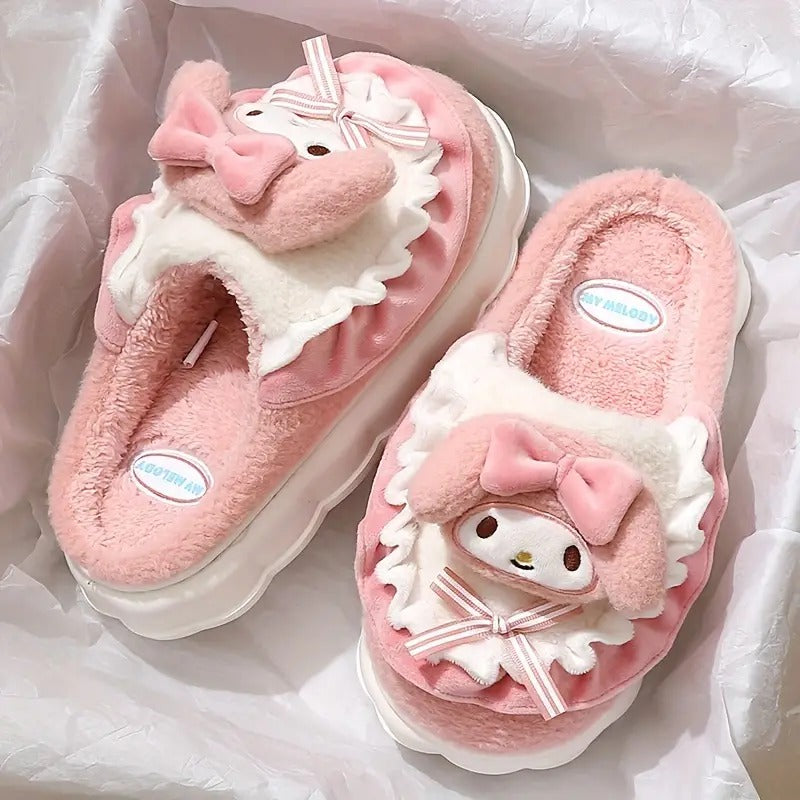 Sanrio Hello Kitty and Melody Slippers, Slip On Non-slip Soft Fuzzy Cute Warm Home Slippers, Plush Indoor Cozy Shoes