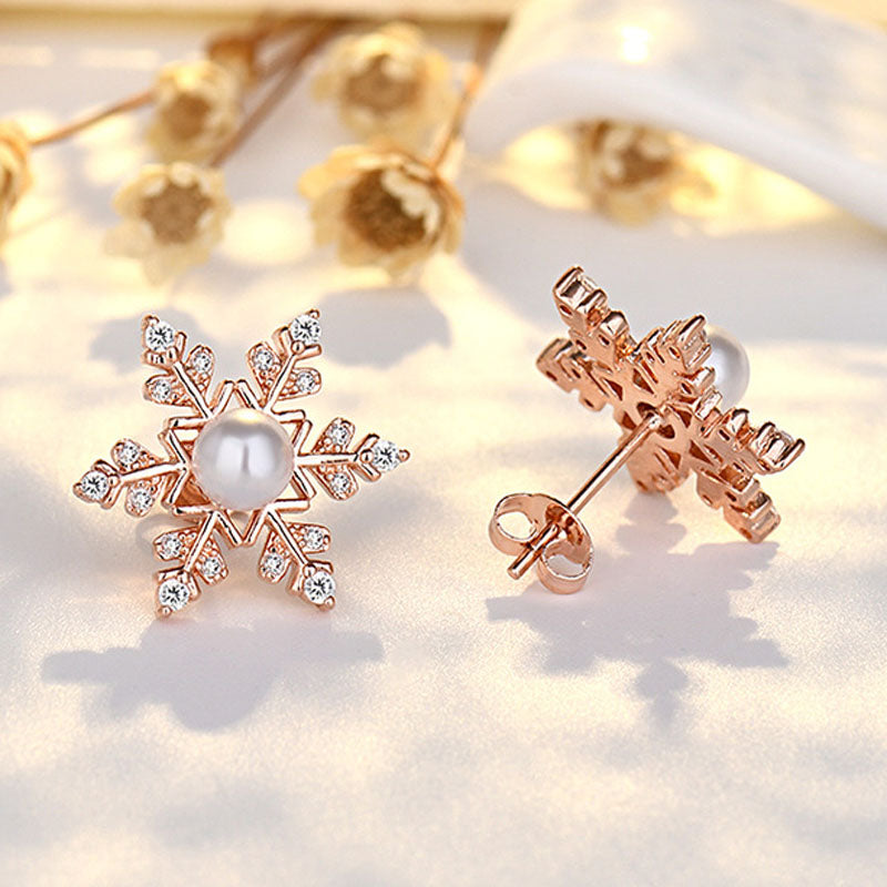 Sterling Silver Snowflake Earrings for Women Exquisite Jewelry Shiny Zircon Pearl Earrings Christmas Gift New Year Party