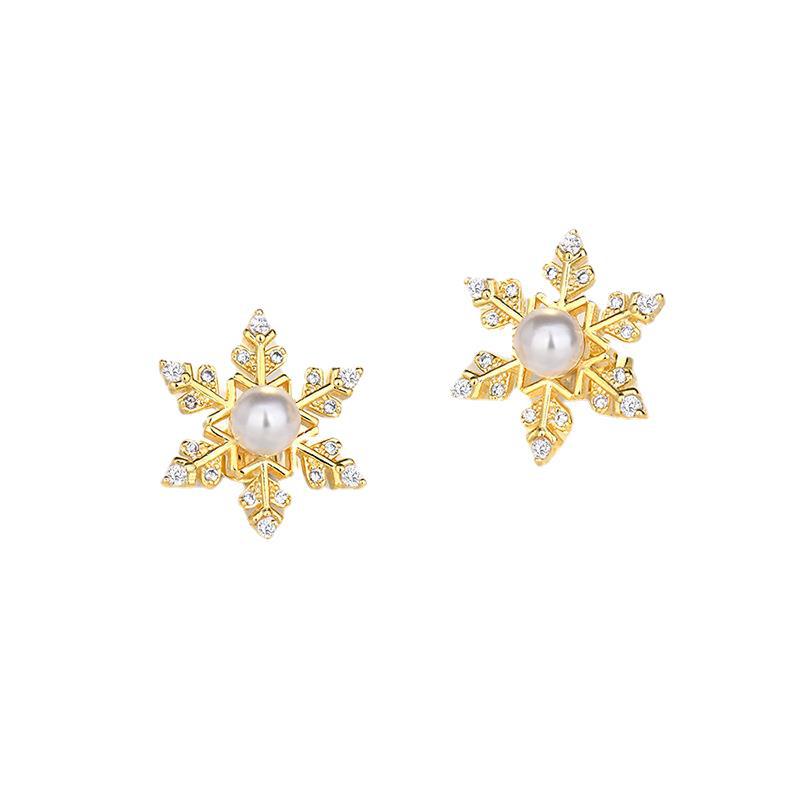 Sterling Silver Snowflake Earrings for Women Exquisite Jewelry Shiny Zircon Pearl Earrings Christmas Gift New Year Party